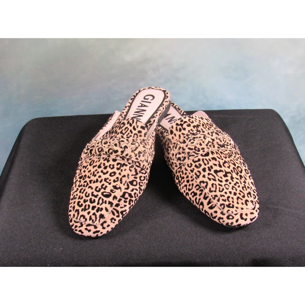 Gianni Bini Womens Leopard Print Leather Mules Flats Tan Black 8M